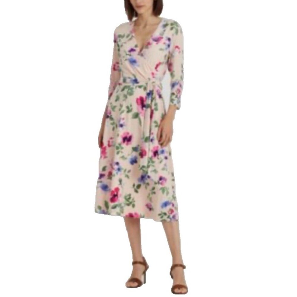 Ralph Lauren Midi Dress 6 Pink Floral A Line 3/4 Sleeve Stretch Washable